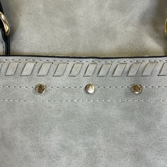 Gray Faux Leather Triple Compartment Fringe Purse. Removable Shoulder Strap - Picture 2 of 12